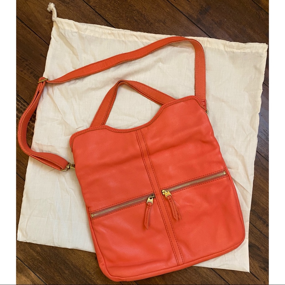 Fossil Erin Foldover Leather Tote in Coral